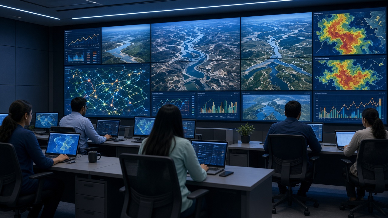Engineers at desks in a modern water monitoring centre in front of a large video wall showing satellite images of rivers and reservoirs and colour-coded maps
