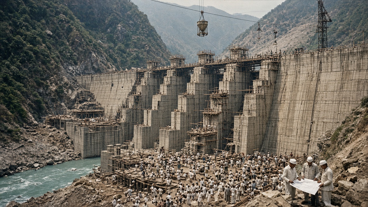 1950s construction of a giant concrete dam in a Himalayan gorge with cableway buckets, scaffolding, thousands of workers, and engineers studying blueprints in the foreground