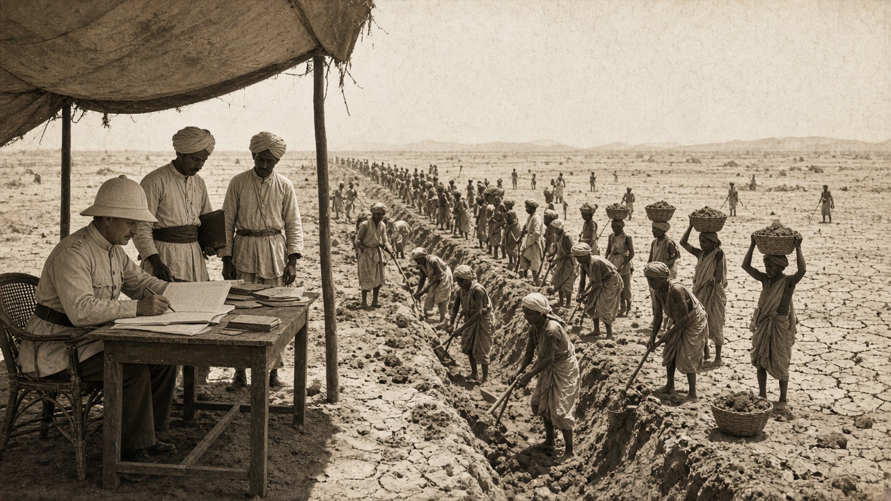 Sepia 1870s scene of long lines of famine relief workers digging an irrigation canal with baskets and hoes, while a British officer and Indian overseers keep records under a canvas shade