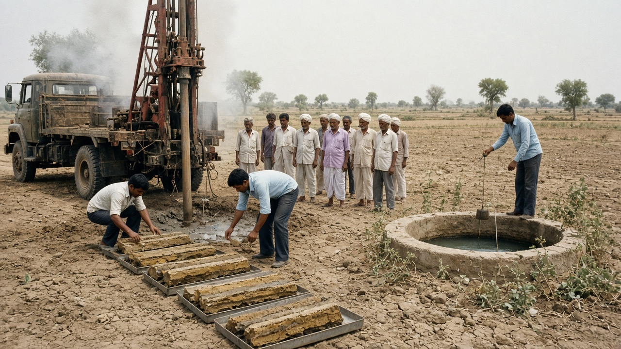 1970s truck-mounted drilling rig boring an exploratory tube well, hydrogeologists examining rock core samples in trays, and one measuring water level in a well while villagers watch