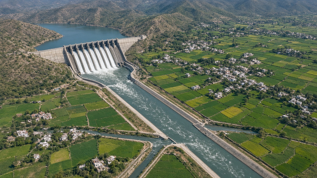 Aerial view of a large concrete dam releasing water through spillway gates into a wide lined main canal that branches into distributaries across green farmland and villages