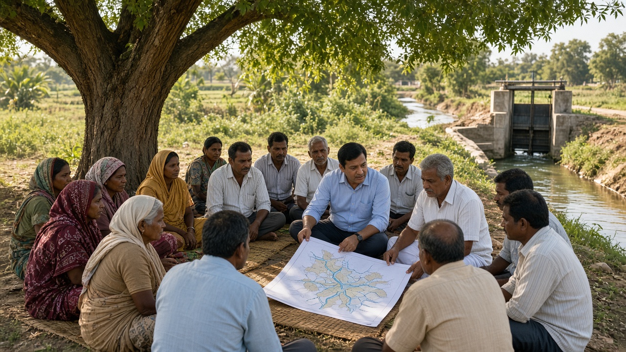 Farmers’ water user association meeting under a neem tree beside a canal with a sluice gate, men and women farmers seated on mats, and an engineer showing a canal map