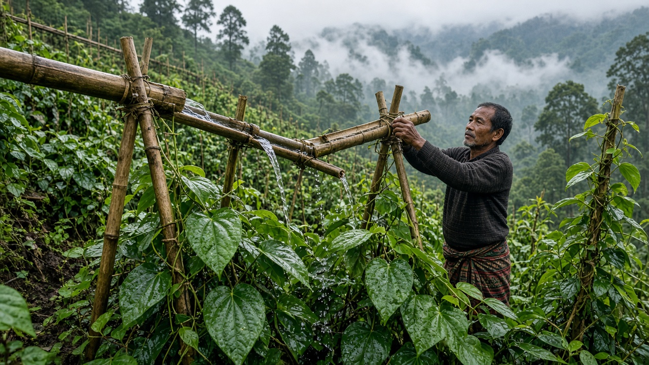 Khasi farmer adjusting split bamboo pipes on bamboo stands that carry stream water down a misty Meghalaya hillside, dripping onto betel leaf and pepper vines