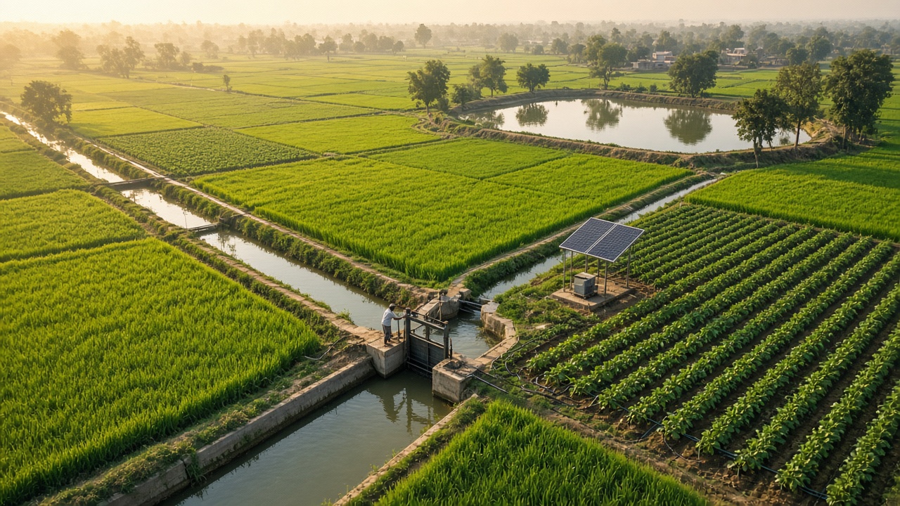 Aerial view of Indian farmland with a lined canal and sluice gate feeding paddy fields, a village tank, drip-irrigated vegetable rows, and a solar pump
