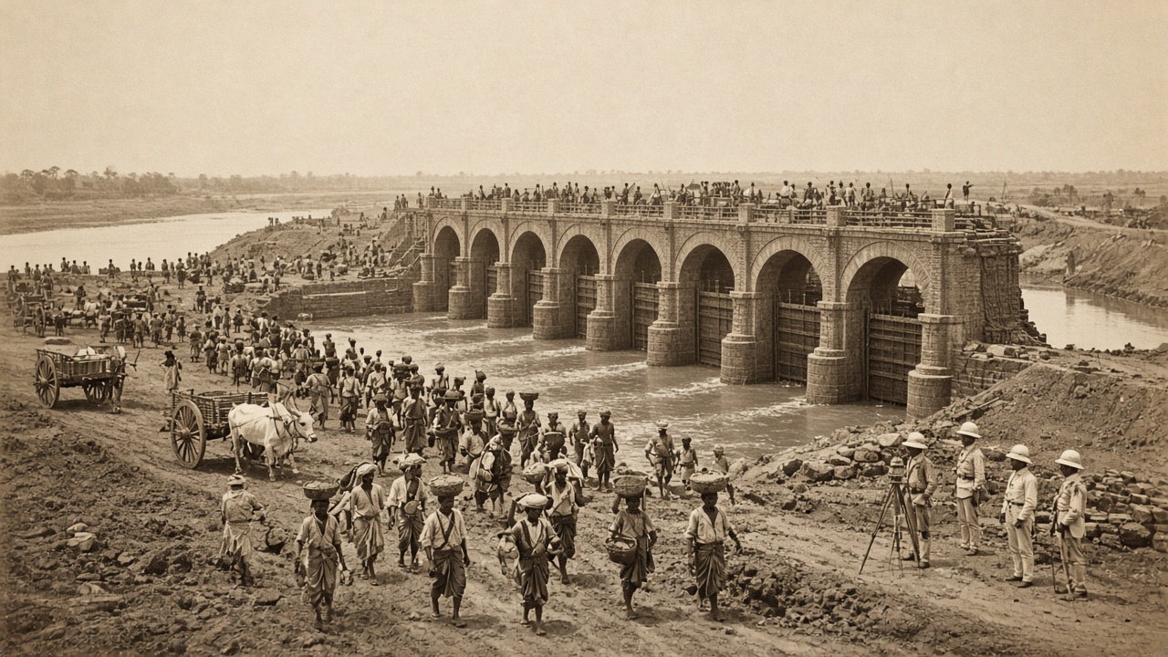 Sepia 1850s scene of a masonry canal headworks with arched sluice gates under construction, hundreds of Indian labourers carrying baskets of earth, and British engineers with a survey instrument
