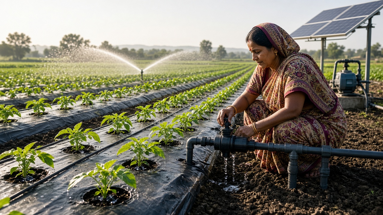 Indian woman farmer in a saree adjusting a valve on a drip irrigation line beside mulched vegetable beds, with sprinklers and a solar-powered pump in the background