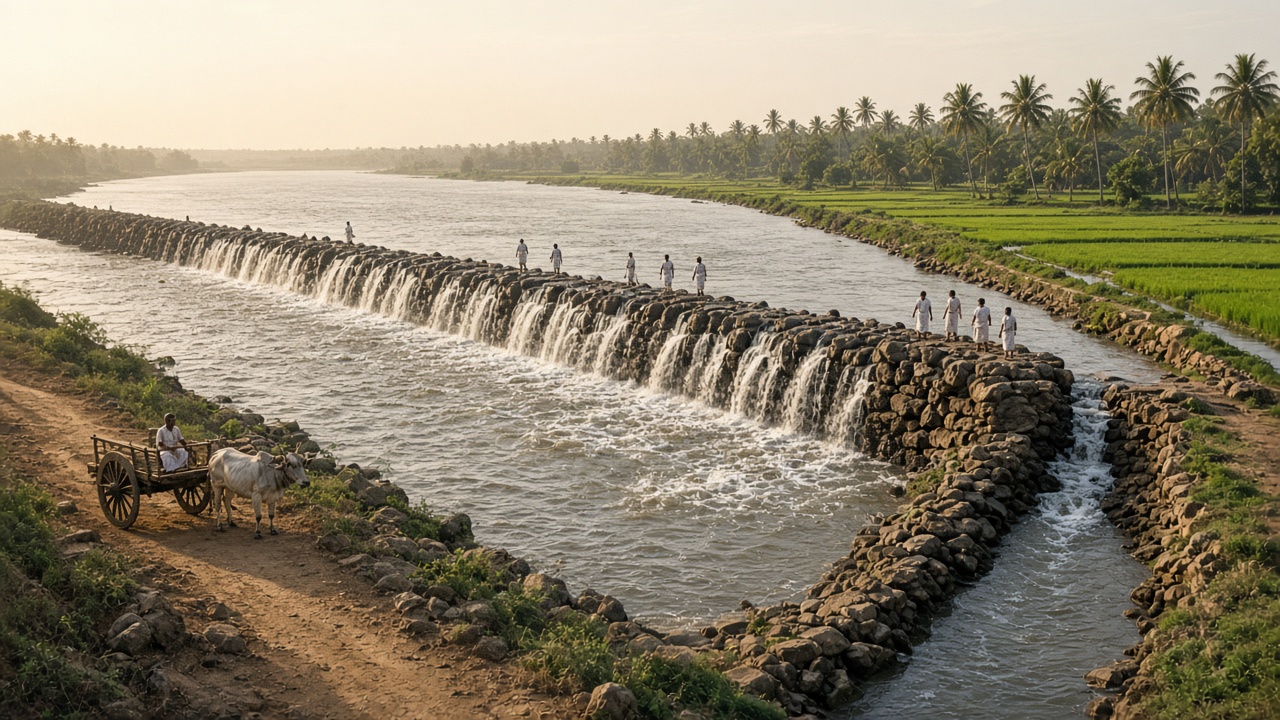 Ancient stone weir across the wide Kaveri river with water spilling over it into side channels, Tamil farmers in white standing on the weir, a bullock cart and paddy fields on the bank