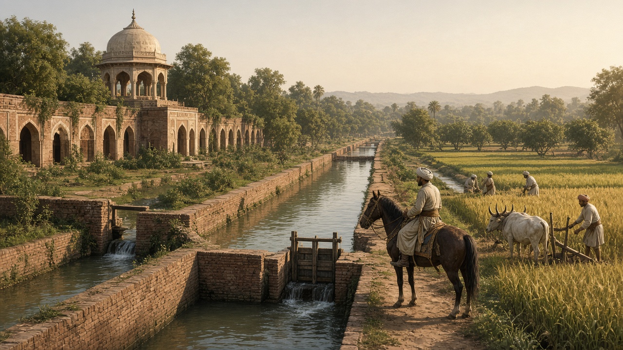 Mughal-era brick-lined canal with a small sluice gate flowing past a domed garden pavilion, a noble on horseback inspecting it, and farmers with bullocks in wheat fields