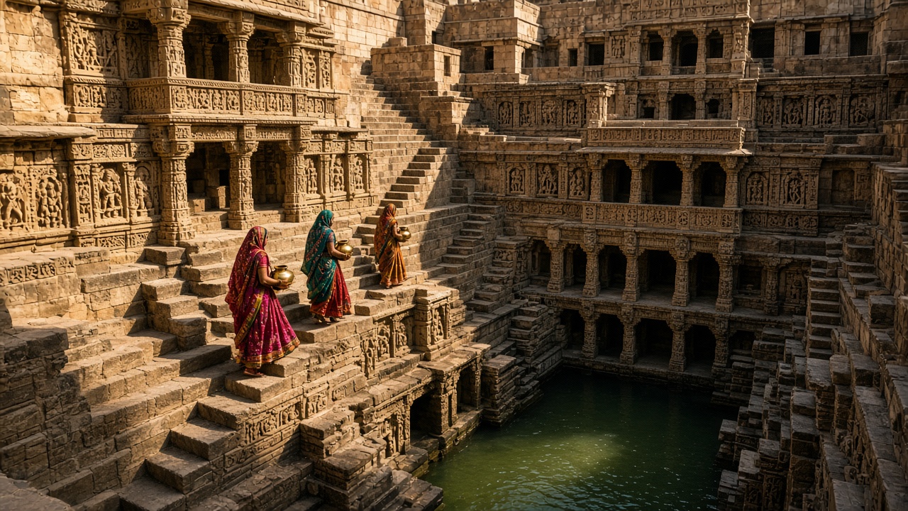 Deep carved sandstone stepwell in Gujarat with many levels of steps and pillared galleries, women in colourful saris carrying brass pots down to a green pool