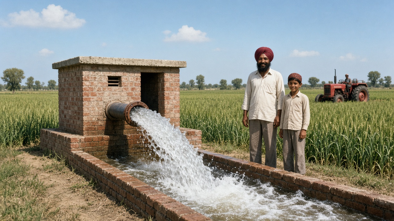 1970s Punjab tube well with a brick pump house pouring a thick jet of water into a channel, a Sikh farmer and his son standing beside green wheat fields and a red tractor