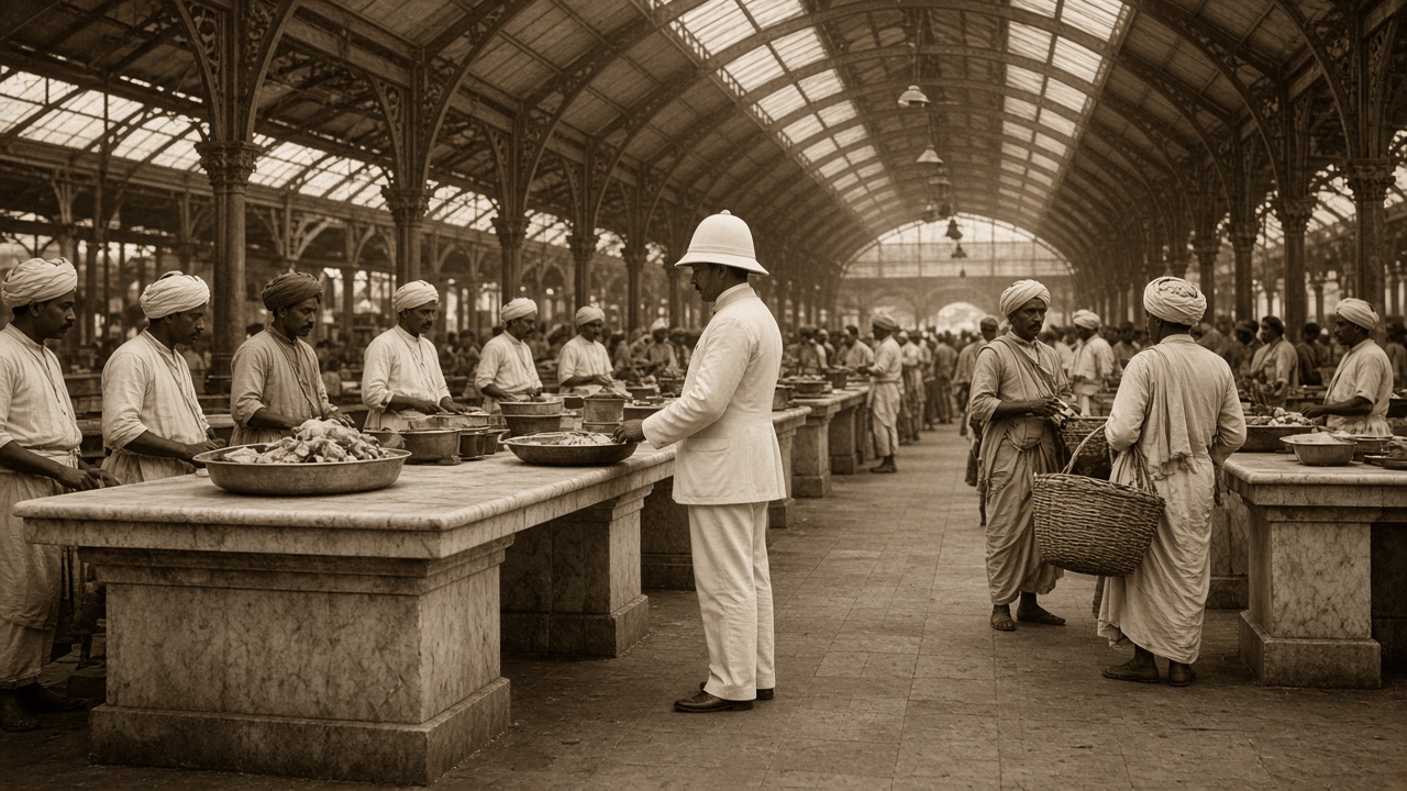 Sepia early 1900s covered municipal market hall in Bombay with a Victorian iron roof, butchers in turbans at stone counters, a British sanitary inspector in a white suit and pith helmet, and shoppers with baskets