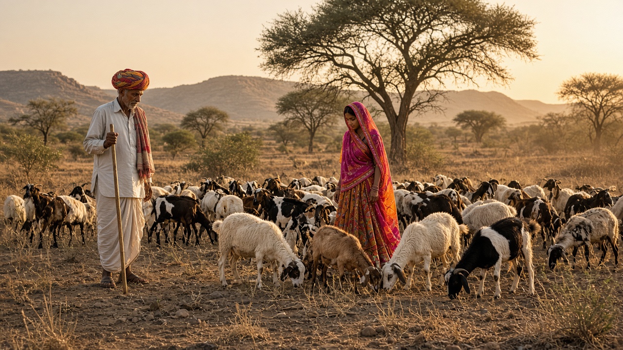 Mixed flock of goats and sheep grazing on dry Rajasthan scrubland at golden hour with an elderly herder in a colourful turban holding a staff and a young woman in a bright odhni