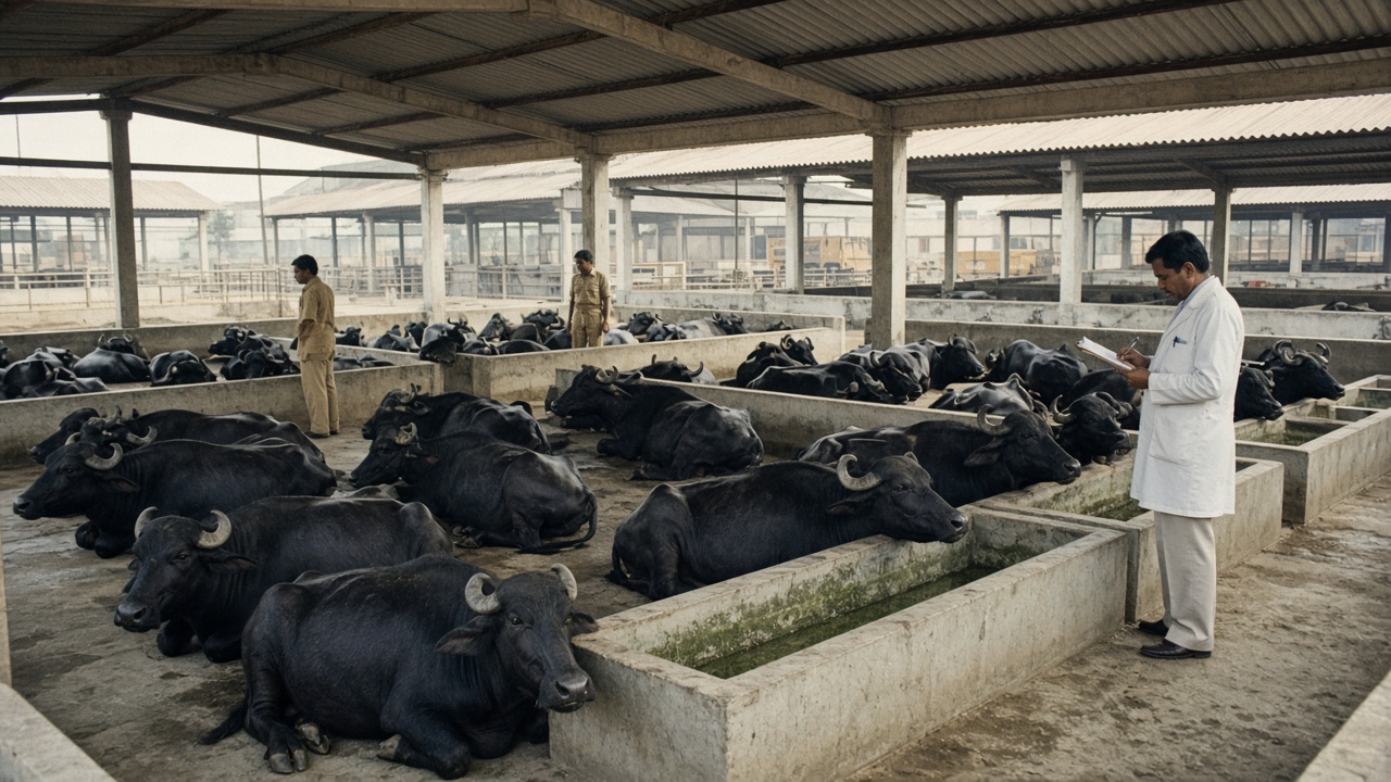 1970s lairage yard of a large Indian abattoir with rows of healthy black water buffaloes resting in clean covered pens with water troughs, and a veterinary officer in a white coat with a clipboard inspecting them