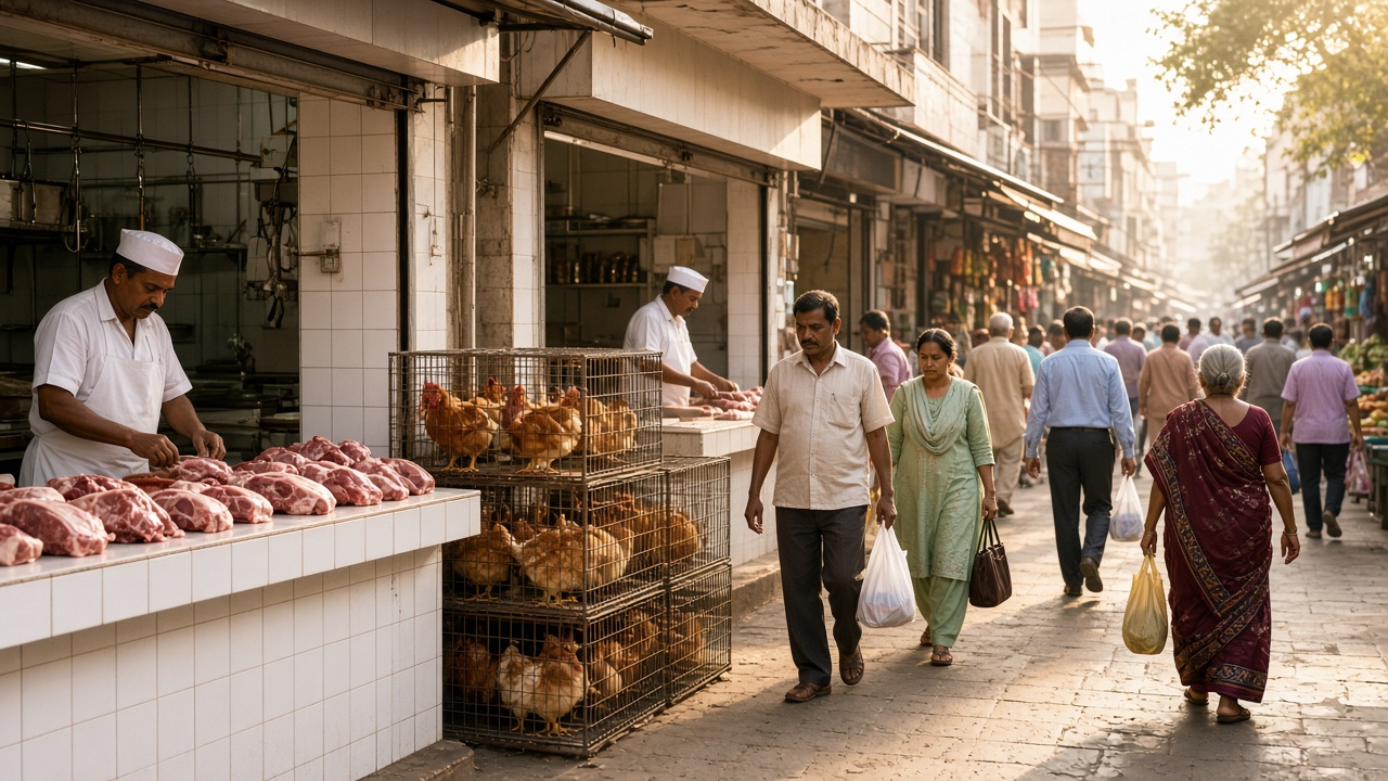 Busy Indian meat and poultry market street in the morning with butchers in white aprons and caps at tiled counters, live chickens in stacked wire cages, and shoppers carrying bags