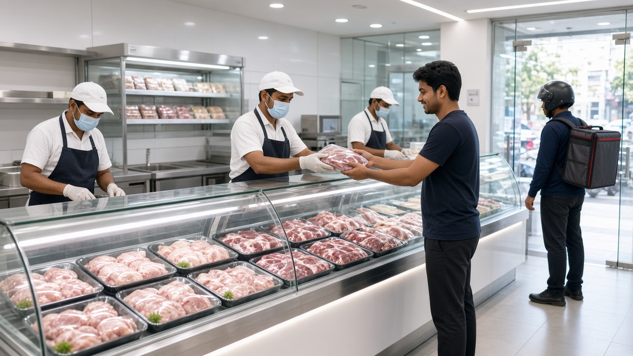 Modern hygienic meat retail store with a glass chiller of vacuum-packed chicken and mutton trays, staff in aprons, masks, and gloves, a customer collecting a packed order, and a delivery rider with an insulated bag