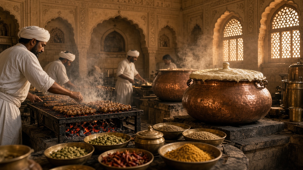 Mughal royal kitchen with turbaned cooks grilling seekh kebabs over charcoal, large copper pots of biryani sealed with dough, brass bowls of spices, and sandstone arches with lattice windows