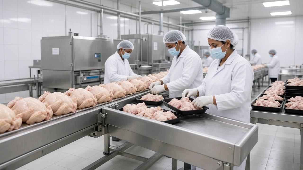 Modern Indian poultry processing plant with a stainless-steel conveyor of dressed whole chickens and workers in white coats, hairnets, masks, and gloves packing chicken into trays