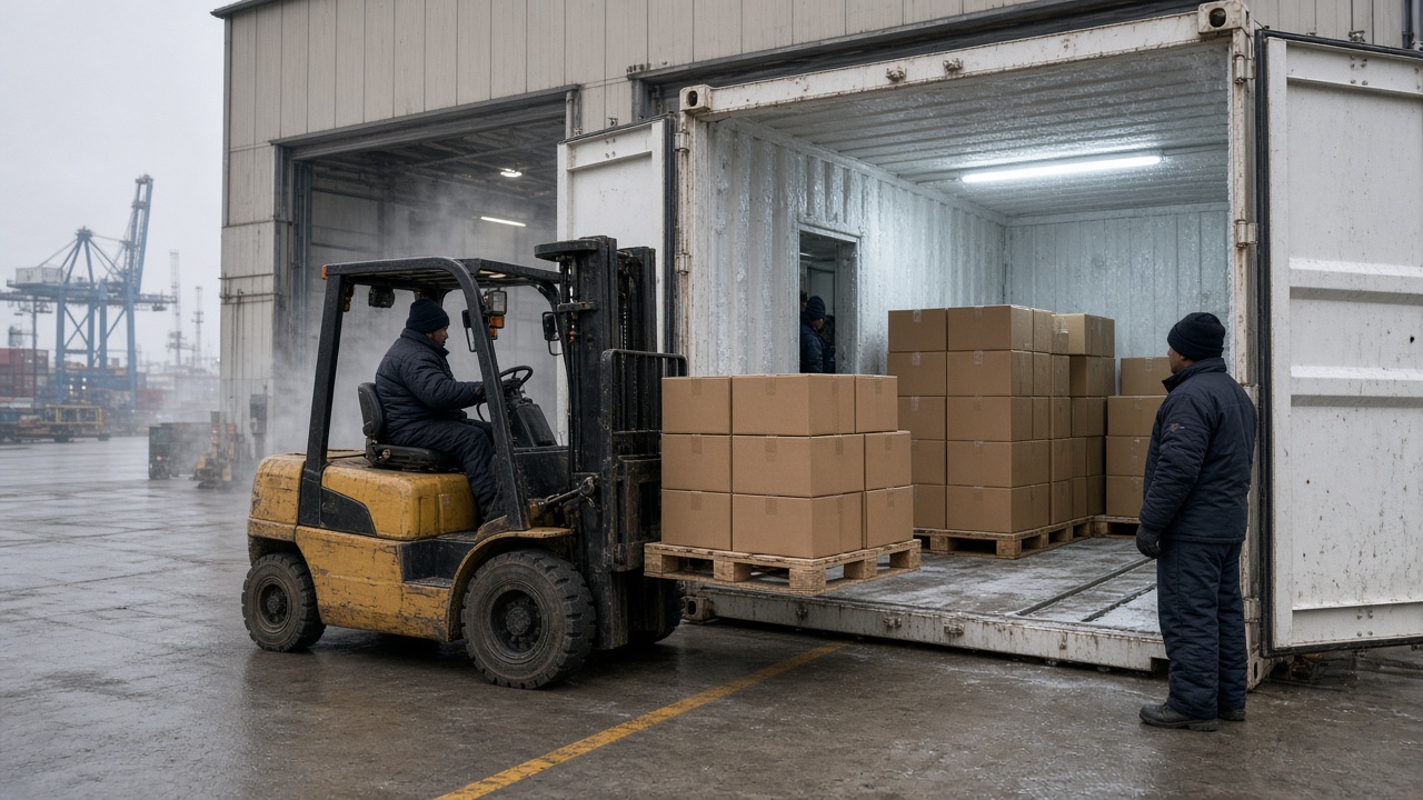 Forklift loading pallets of plain brown frozen-food cartons into a refrigerated shipping container at a cold store loading dock, with workers in thermal jackets and port cranes in the distance