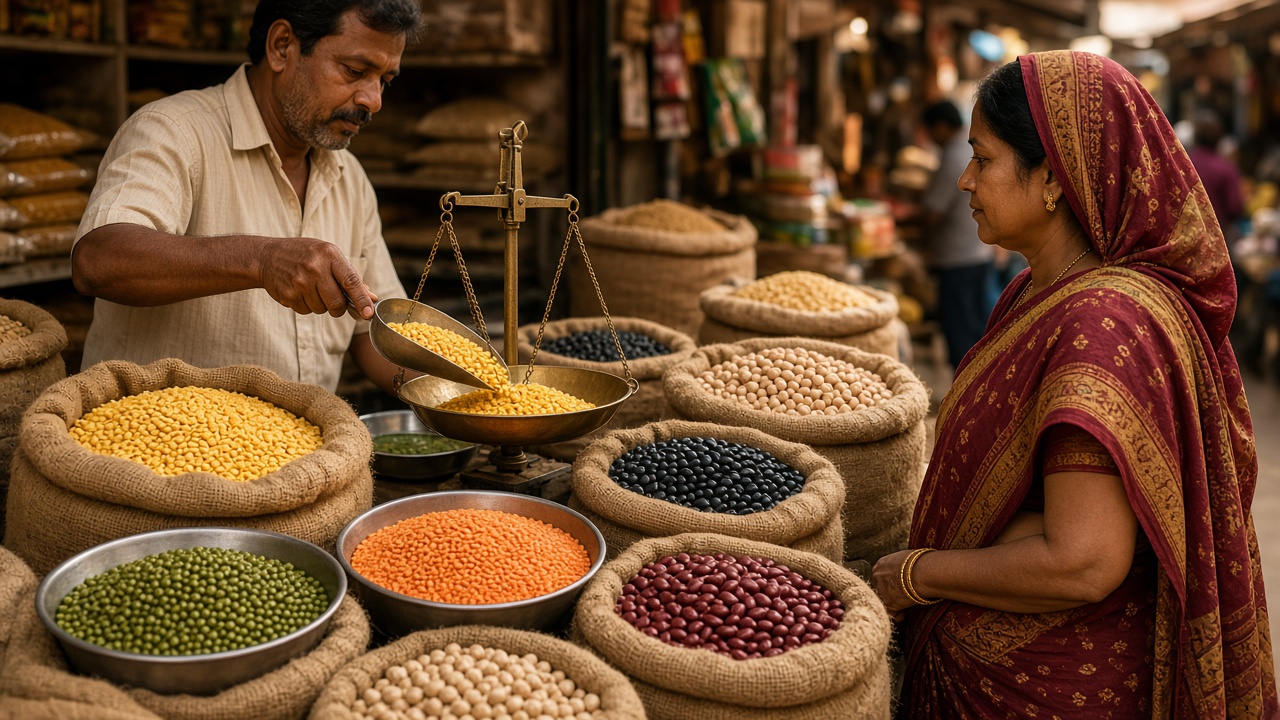 Indian bazaar shop with open sacks and steel bowls of toor dal, green moong, orange masoor, black urad, red rajma, and chickpeas, a shopkeeper weighing dal on a brass scale for a woman in a sari