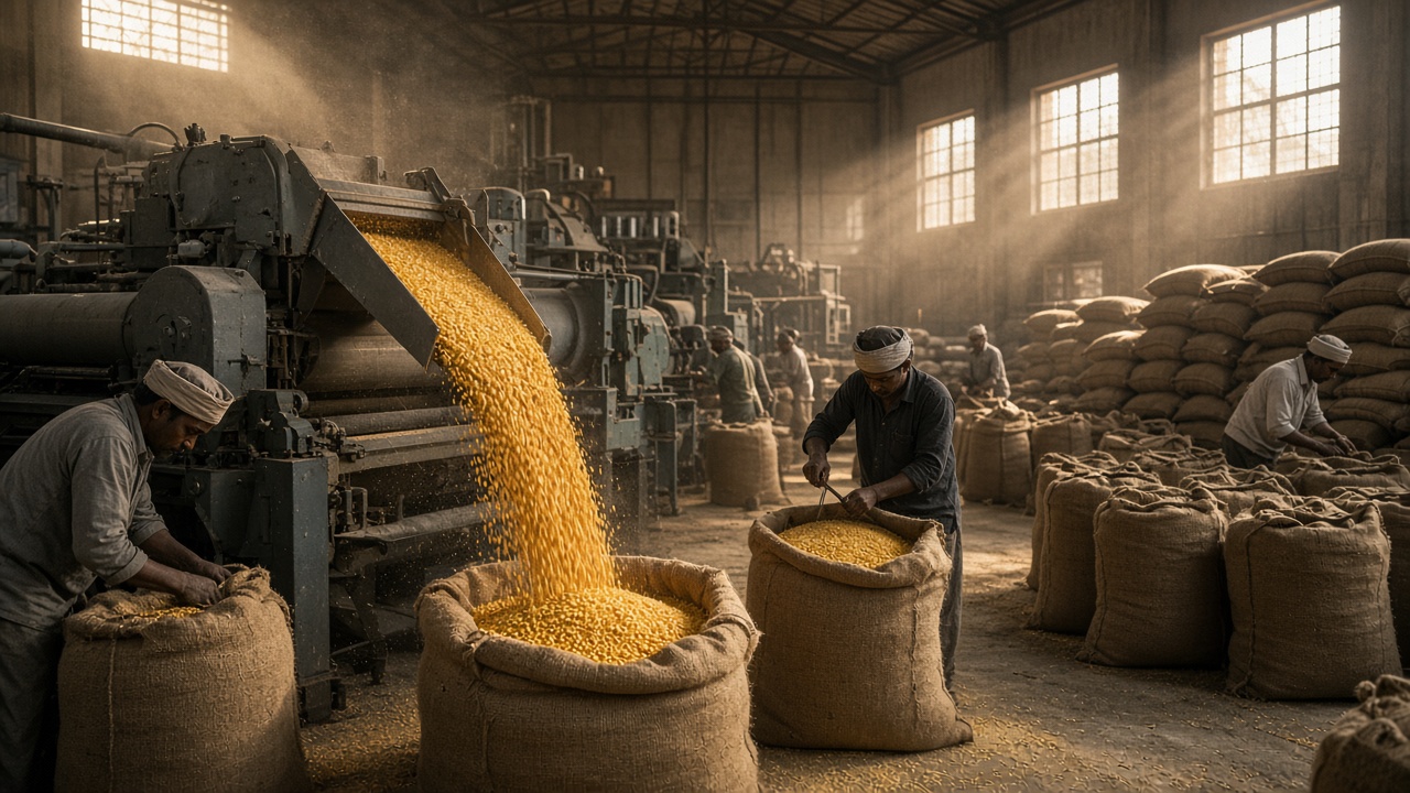 Dal mill interior in Maharashtra with machines pouring streams of golden split toor dal into jute sacks, workers in caps filling and stitching sacks, and piles of sacks in dusty light