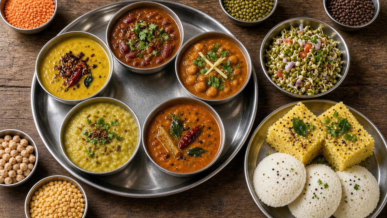 Overhead view of a steel thali with dal tadka, rajma, chole, sambar, and moong dal khichdi, beside sprouted moong salad, dhokla, and idli, with small bowls of raw lentils on a wooden table