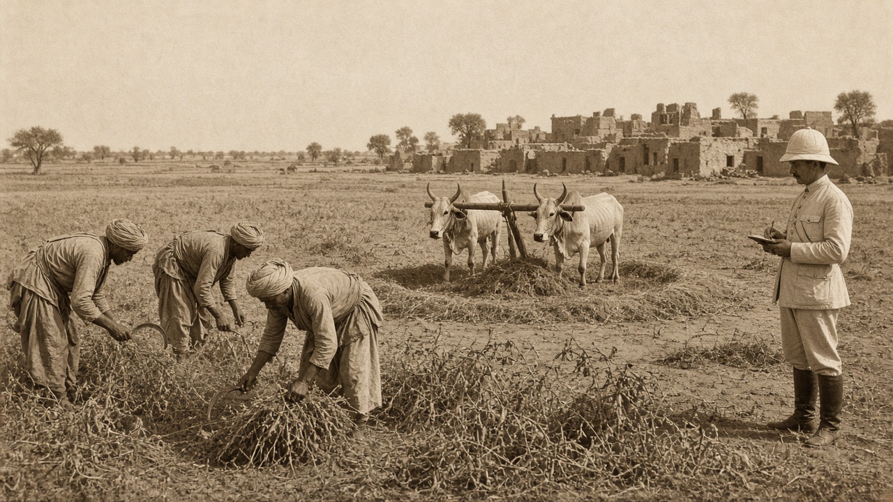 Sepia early 1900s chickpea harvest in Punjab with turbaned farmers cutting dry gram plants with sickles, bullocks threshing on a threshing floor, and a British officer in a pith helmet taking notes