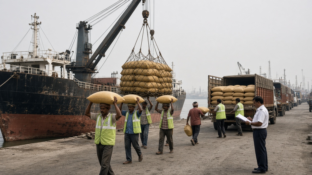 Indian seaport where a ship’s crane lowers a net of sacks of imported pulses onto the dock, workers in safety vests carry sacks on their heads to trucks, and a customs officer checks papers