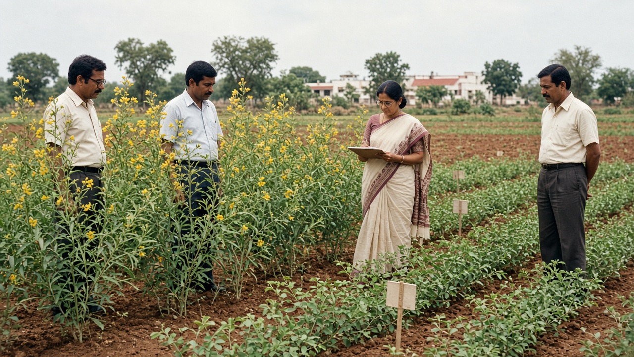 1980s research station near Hyderabad where scientists in shirts and a woman researcher in a sari with a clipboard study tall flowering pigeon pea plants and short chickpea plants in trial plots on red soil