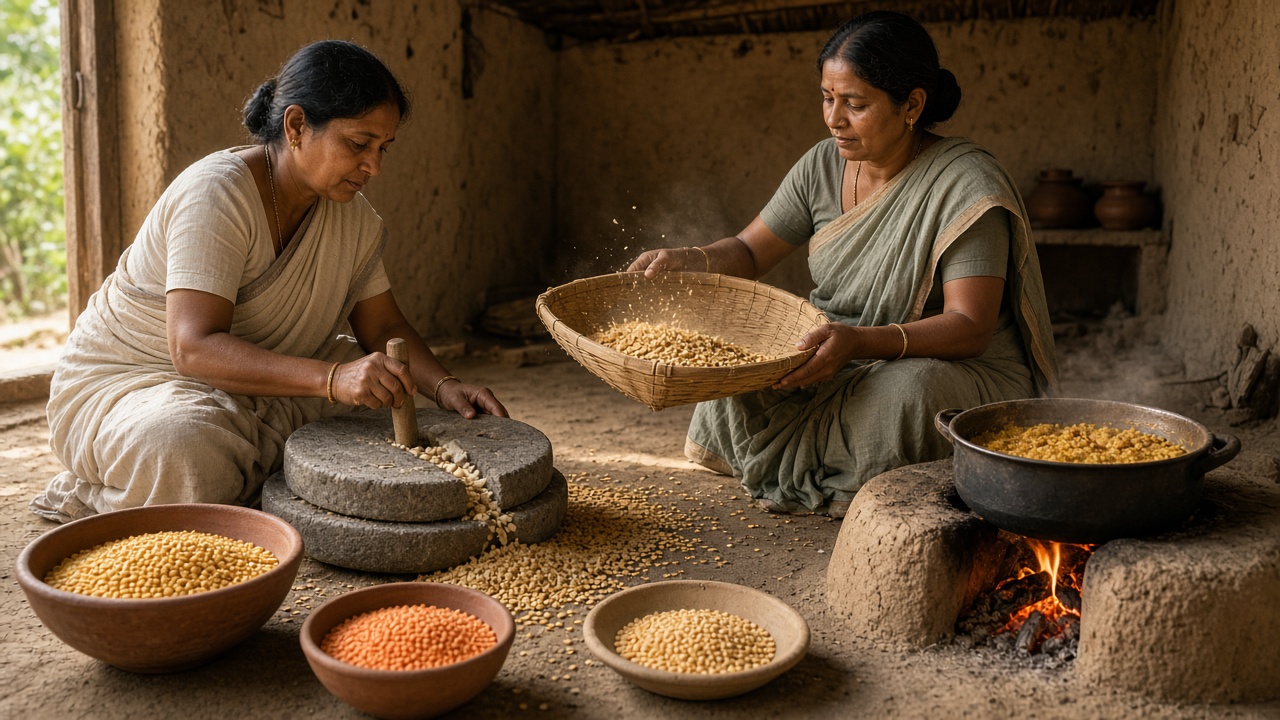 Two village women in cotton saris splitting pulses on a round stone hand mill and winnowing split dal in a bamboo basket, with clay bowls of lentils and a pot of khichdi cooking on a mud hearth