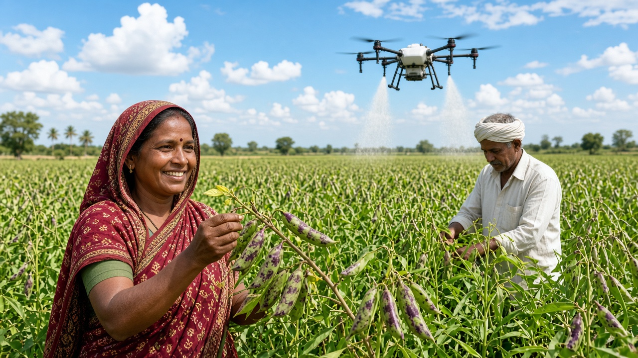 Smiling woman farmer in a sari holding a branch full of pigeon pea pods in a tall green tur field, her husband checking plants, and an agricultural drone spraying in the background