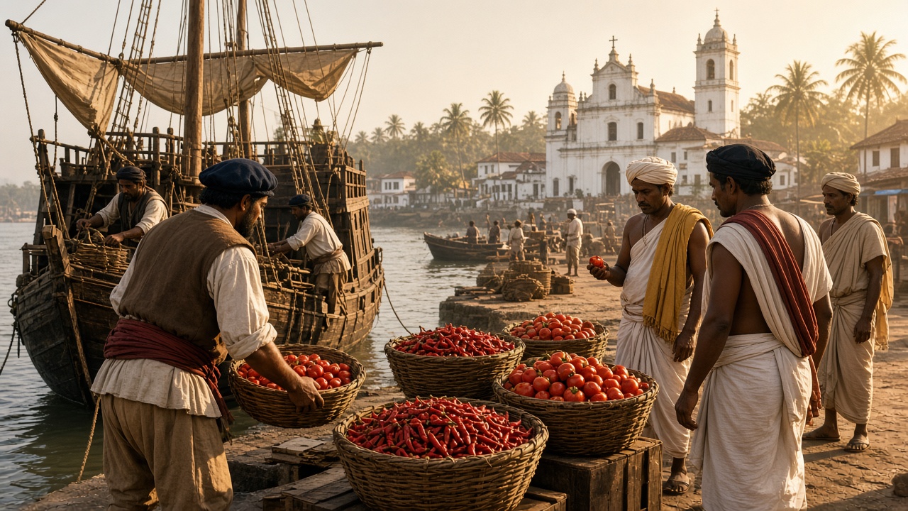 Sixteenth-century Goa riverside market where Portuguese sailors unload baskets of red chillies and small tomatoes from a wooden ship while Konkani traders in dhotis inspect the new crops, with a white church and palm trees behind