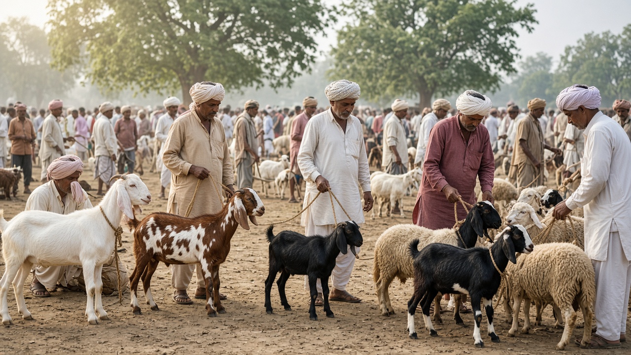 Weekly livestock market in rural Uttar Pradesh with farmers in kurtas and turbans showing tall long-eared white goats, brown spotted goats, small black goats, and a few sheep to buyers