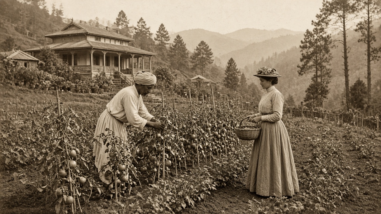 Sepia 1890s British hill-station kitchen garden with an Indian gardener in a turban picking tomatoes from staked plants, a British lady in a long Victorian dress holding a basket, and a colonial bungalow among pine-covered hills