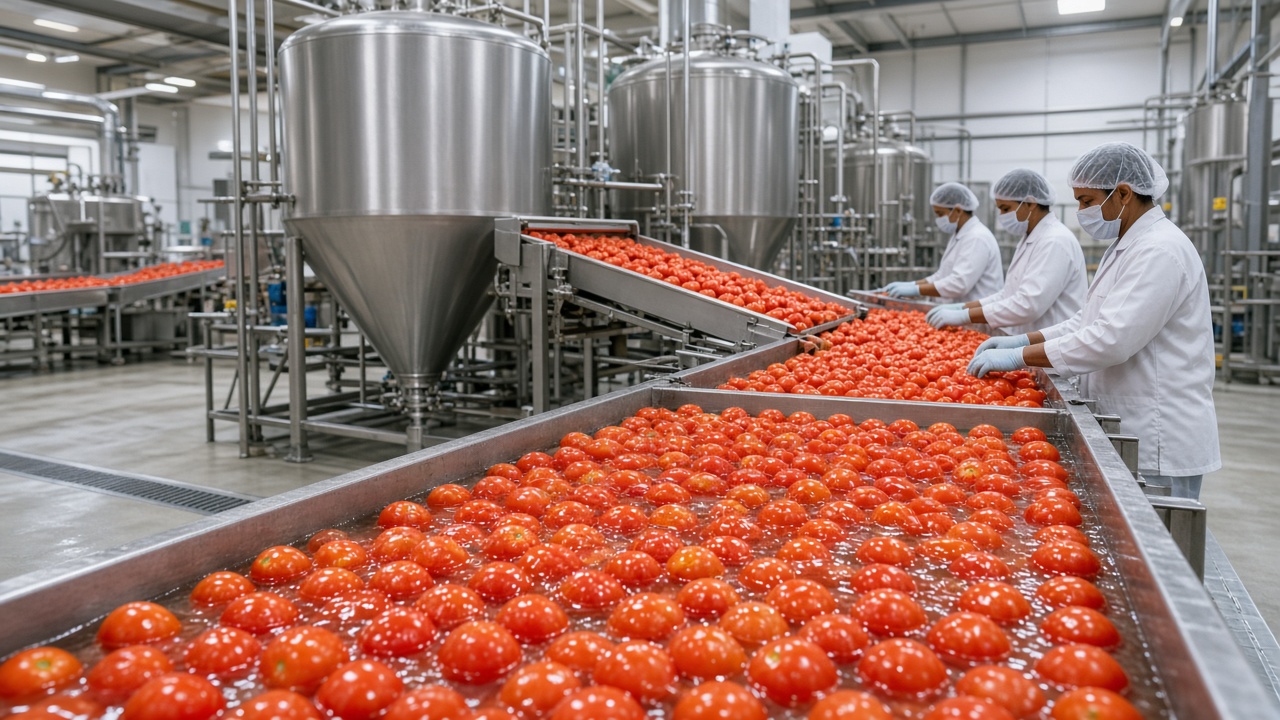 Indian tomato processing factory with a stainless-steel flume of washed red tomatoes, large steel evaporator tanks for tomato paste, and workers in white coats and hairnets sorting tomatoes