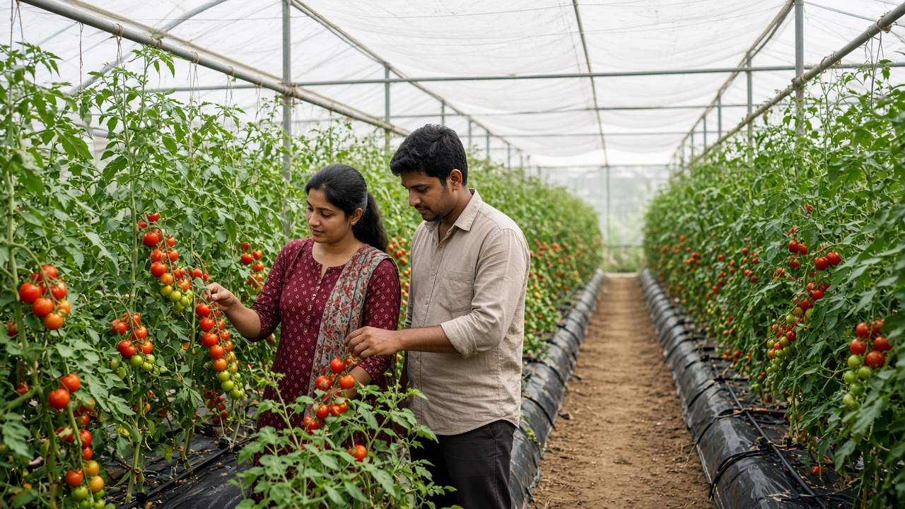 Modern polyhouse in Maharashtra with tall trellised tomato plants bearing clusters of red and cherry tomatoes, black plastic mulch and drip lines, and a young farmer couple inspecting the plants