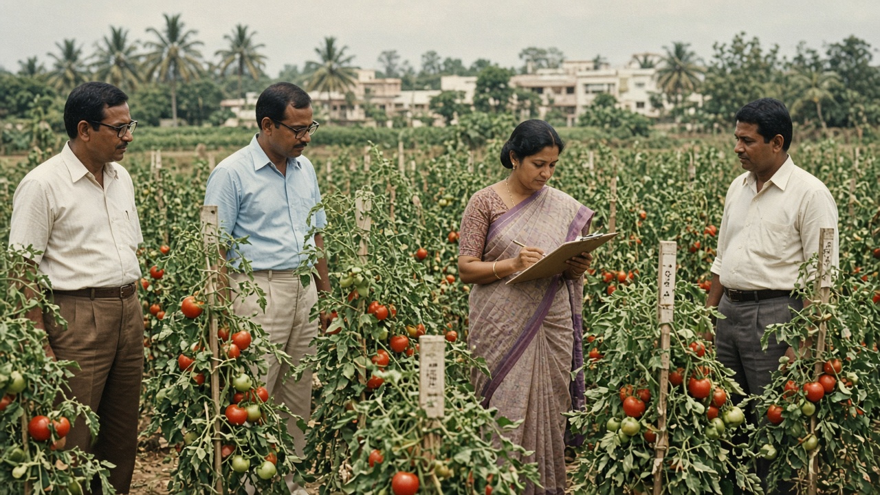 1970s horticulture research station near Bengaluru where Indian scientists and a woman researcher in a sari with a clipboard examine rows of staked tomato plants with ripe red fruit