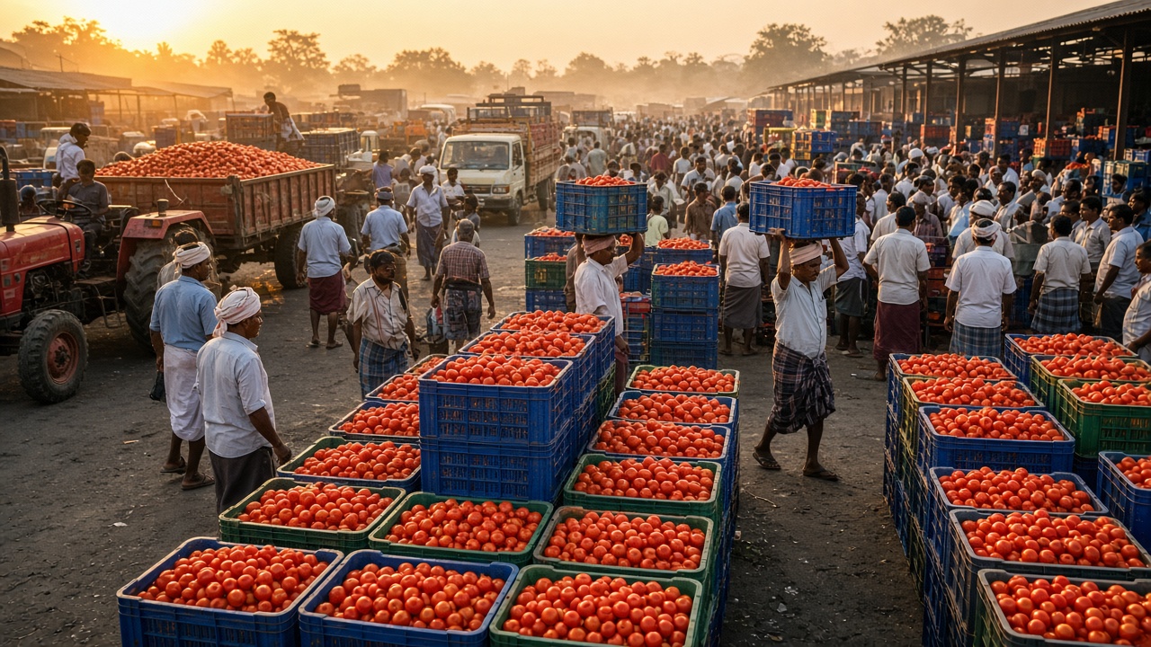 Huge South Indian tomato wholesale market at dawn with thousands of crates of red tomatoes, farmers unloading tractors and trucks, traders bidding, and porters carrying crates on their heads