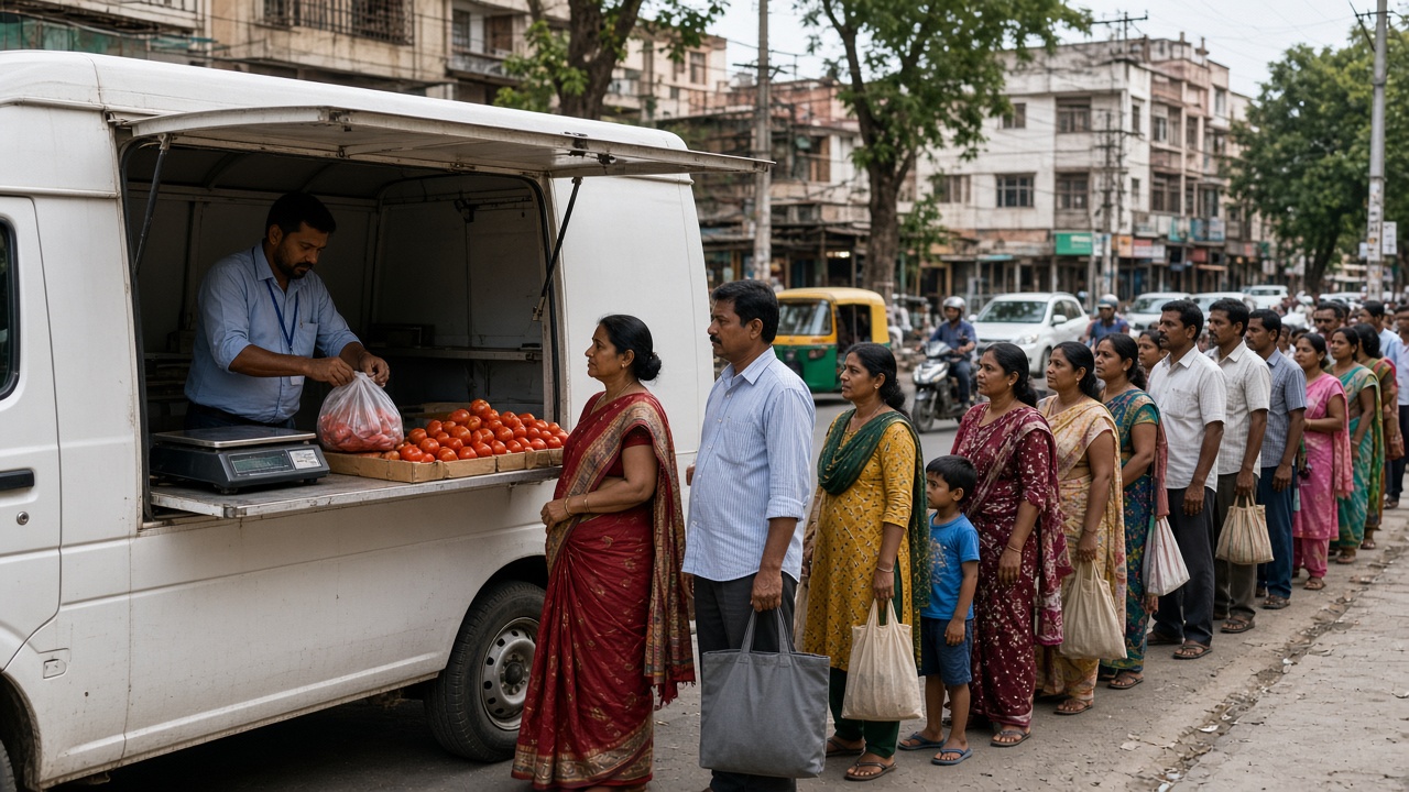 Government mobile van in an Indian city selling subsidised tomatoes, with a staff member weighing tomatoes on a digital scale and a long orderly queue of families holding cloth bags