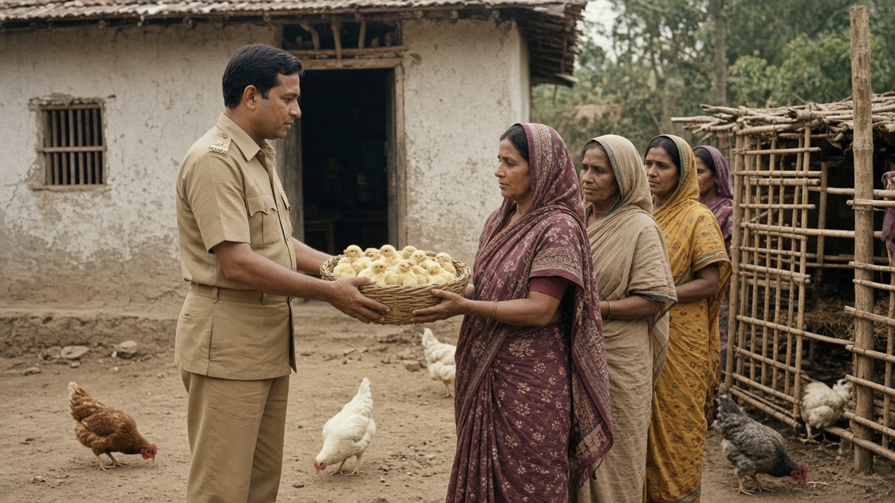 1960s Indian village where a government extension officer hands a basket of young chicks to smiling village women in saris outside mud houses