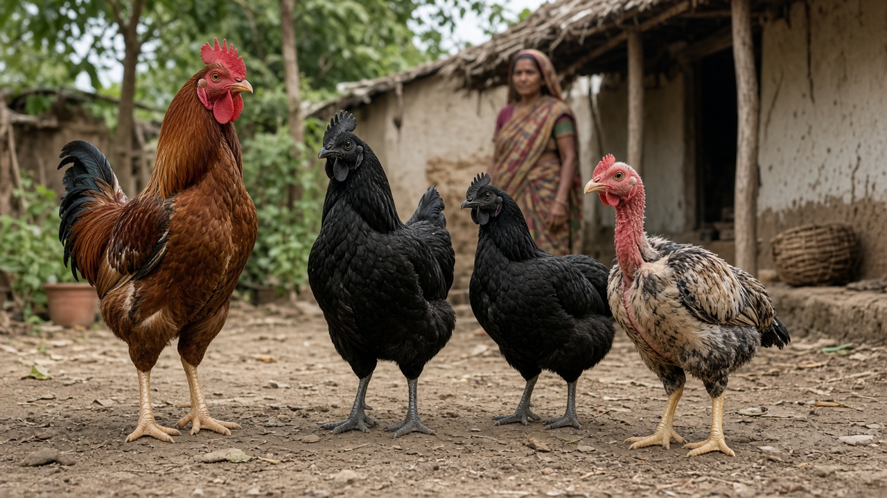 Indigenous Indian chicken breeds in a village courtyard: a tall upright Aseel-type rooster, two black Kadaknath birds, and a naked-neck chicken, with a village woman in the background