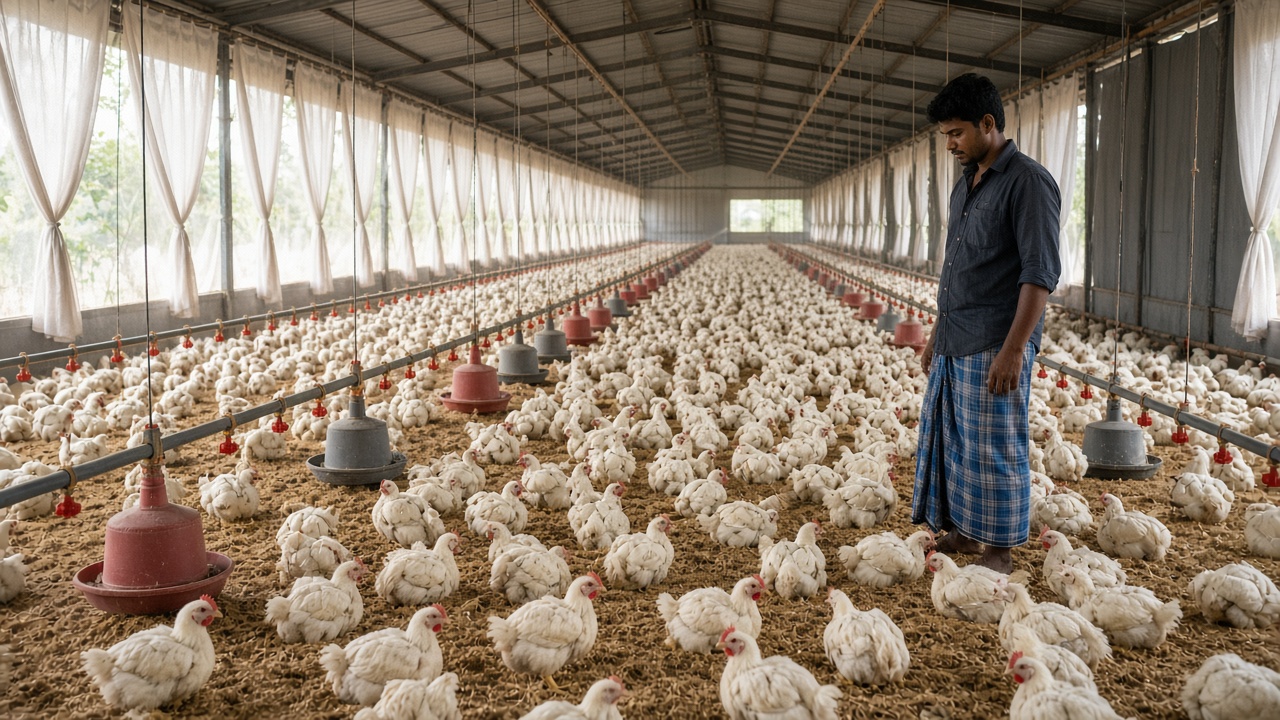 Long open-sided broiler shed in rural Tamil Nadu with thousands of white broiler chickens on litter, feeders and drinkers, and a farmer in a lungi checking the birds