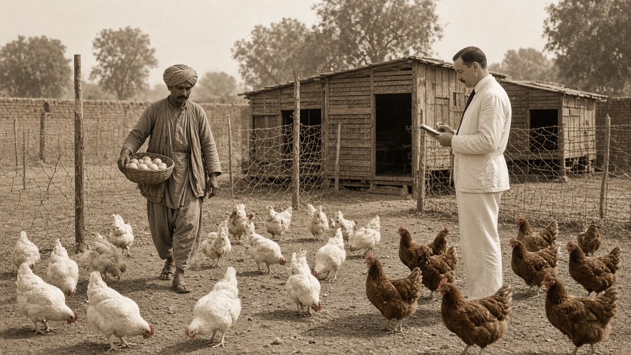Sepia 1920s poultry farm in India with White Leghorn and Rhode Island Red hens in wire-fenced runs, a turbaned worker carrying a basket of eggs, and a European official in a white suit