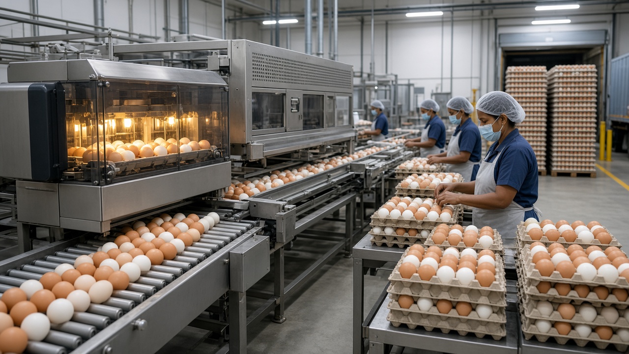 Modern egg grading and packing centre in India with eggs moving on a conveyor through a candling light and women workers in hairnets packing them into cartons