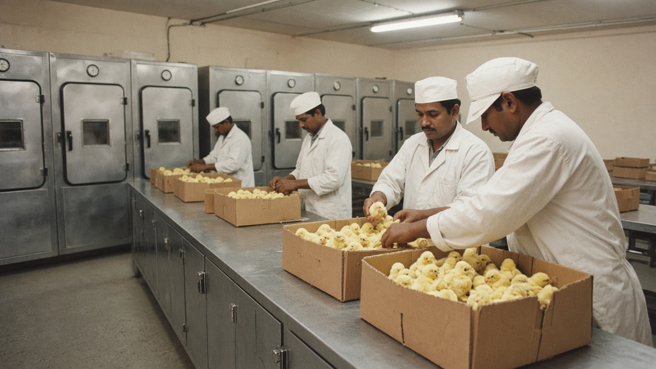 1980s Indian commercial hatchery with large metal incubators and workers in white coats sorting fluffy yellow day-old chicks into cardboard boxes