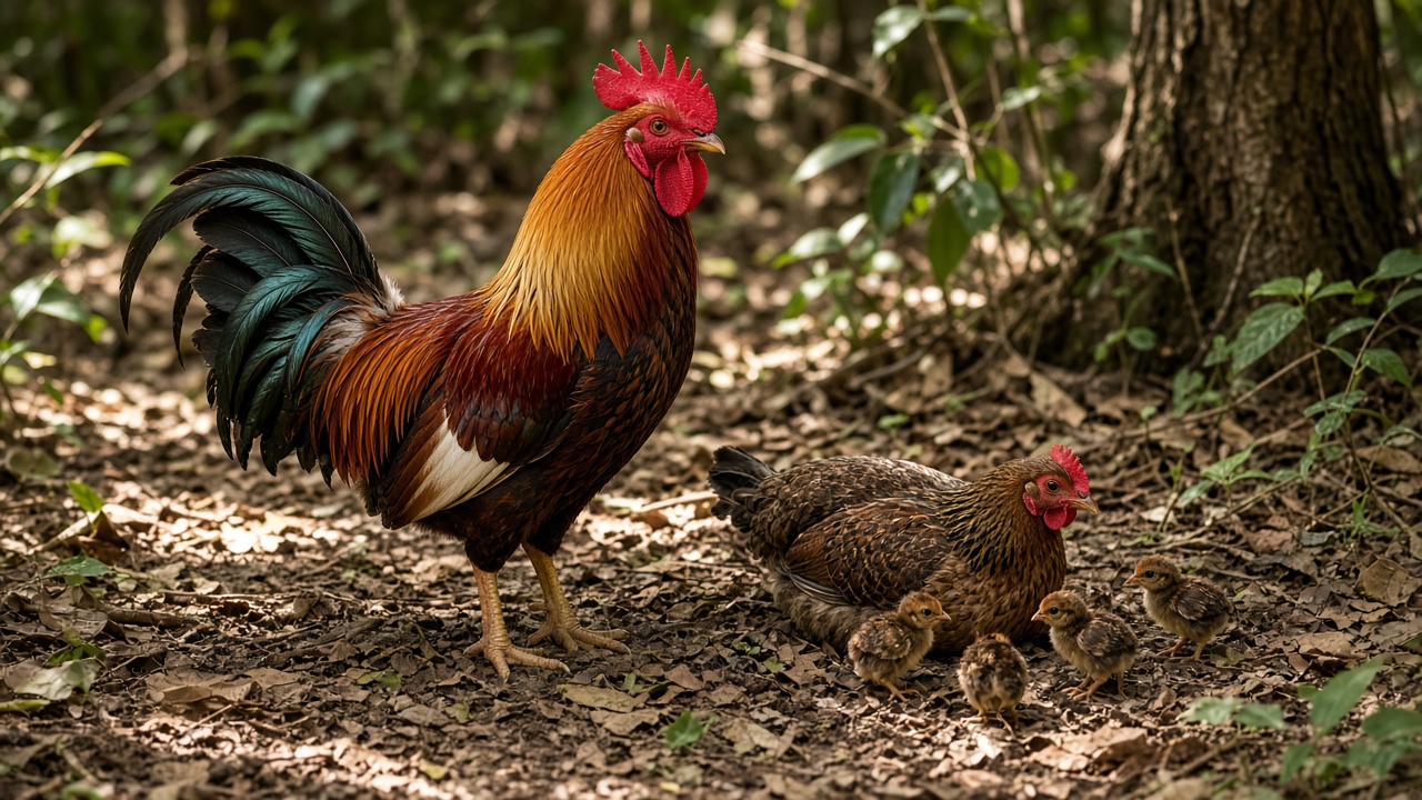 Red junglefowl rooster with bright orange and red plumage standing on the forest floor of an Indian jungle with a brown hen and small chicks