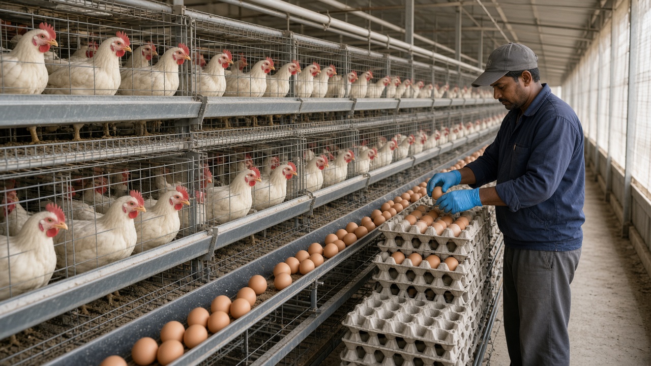 Modern Indian layer poultry farm with long rows of white laying hens in cages and a worker stacking trays of fresh brown and white eggs