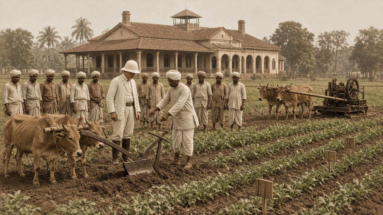 Early 1900s demonstration farm where a British officer in a pith helmet and an Indian instructor show village farmers an iron plough pulled by bullocks, with an iron sugarcane crusher nearby