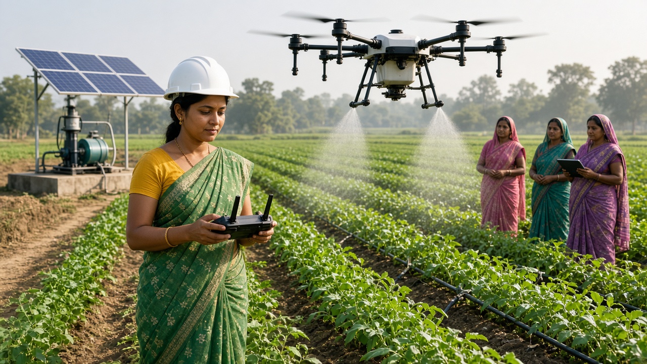 Young rural Indian woman in a sari and helmet flying an agricultural spraying drone over green crops with a remote controller while other women watch, beside drip pipes and a solar water pump