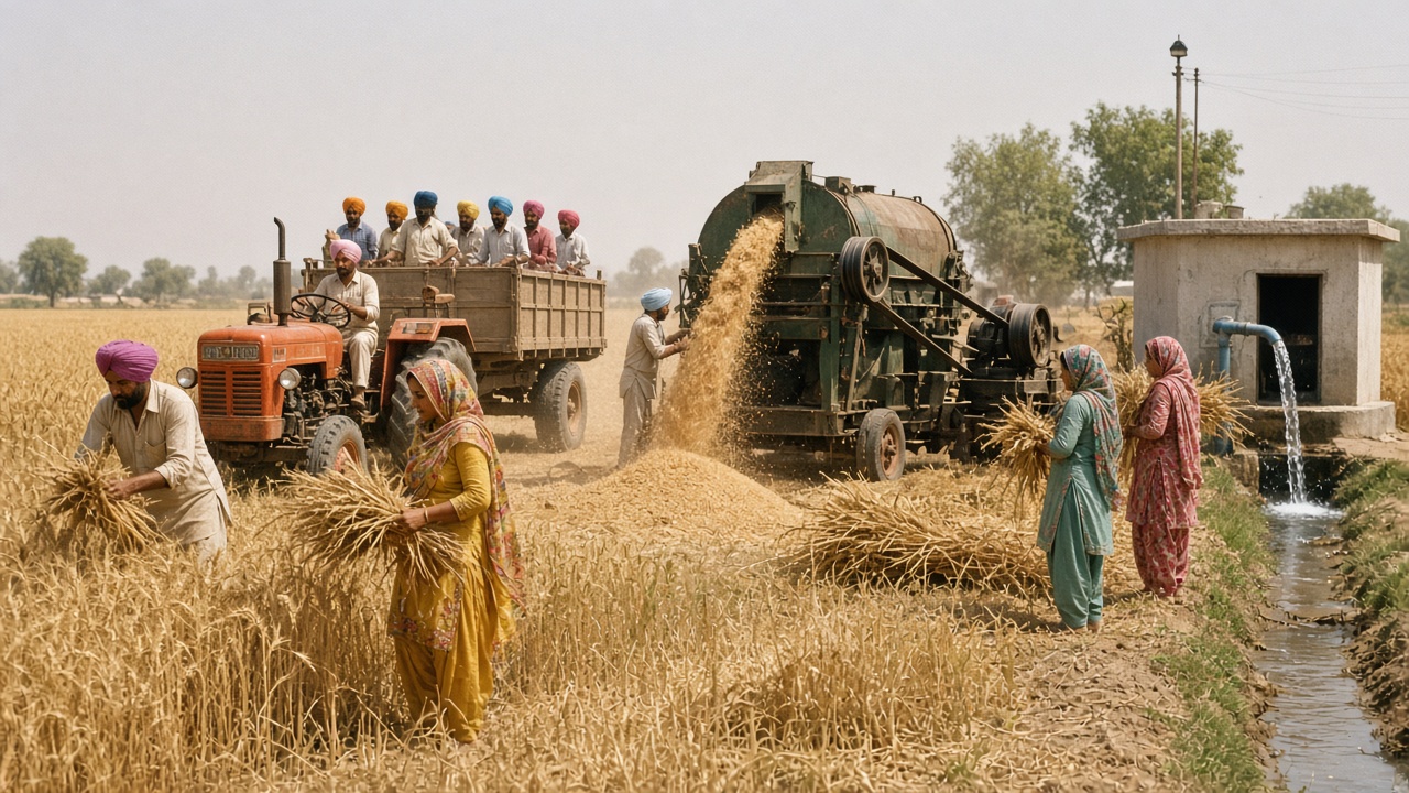 1970s Punjab wheat harvest with an orange tractor and trolley, a power thresher throwing out grain, farmers in turbans and women carrying sheaves, and a tube well pouring water into a channel