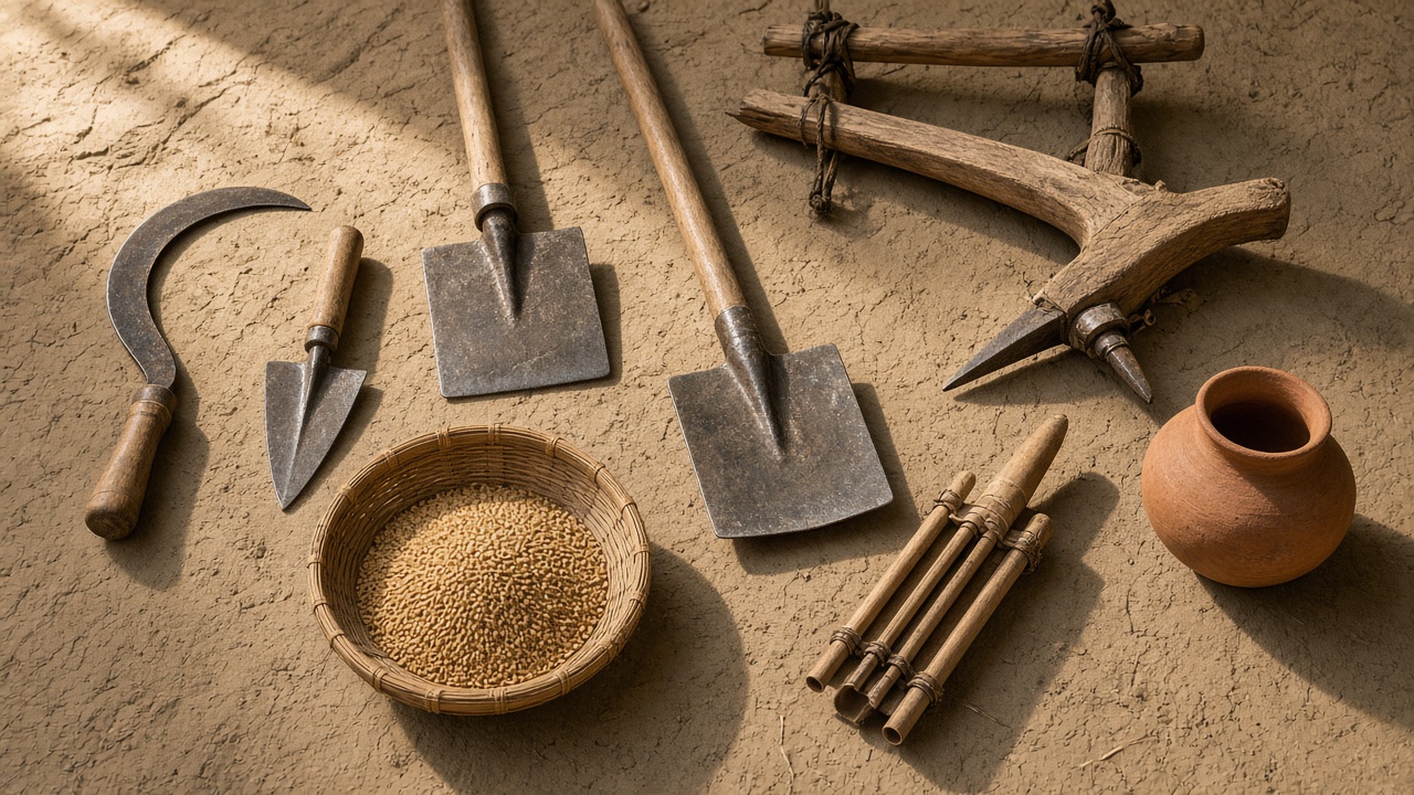Traditional Indian farming hand tools on a mud floor: an iron sickle, a small khurpi, spades, a wooden plough and yoke, a bamboo winnowing basket with grain, a bamboo seed drill, and a clay pot